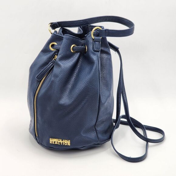 Kenneth Cole Reaction Blue Leather Bucket Bag Backpack - Picture 2 of 13